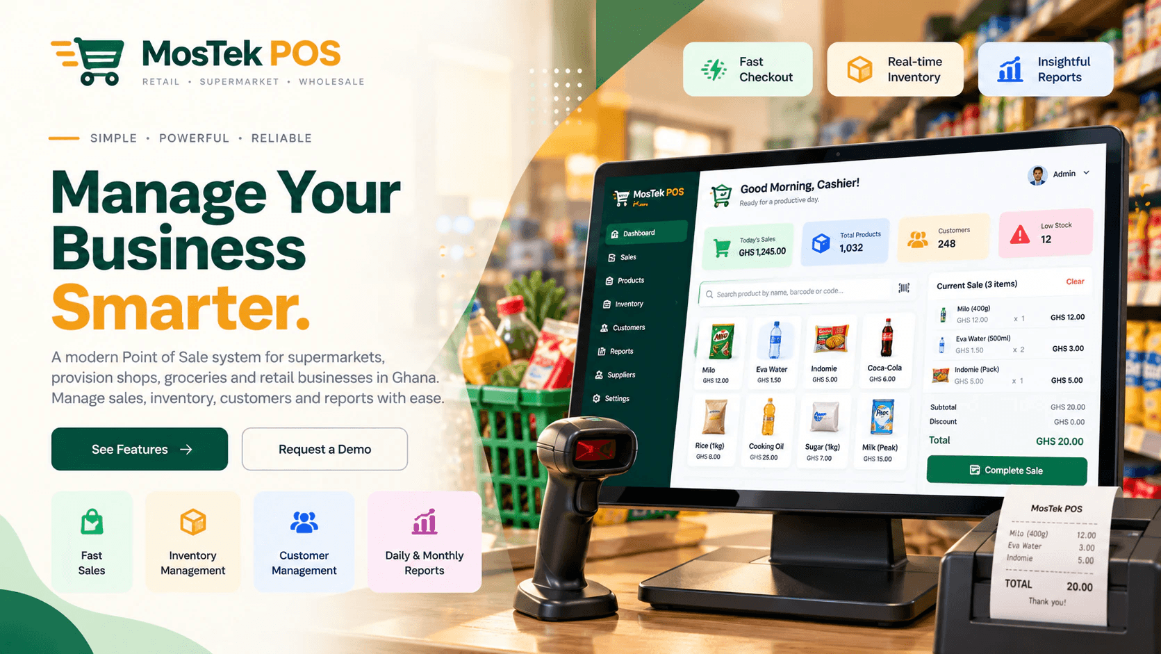 MosTek POS — Sales, inventory, customers and reports for supermarkets, provision shops and retailers.