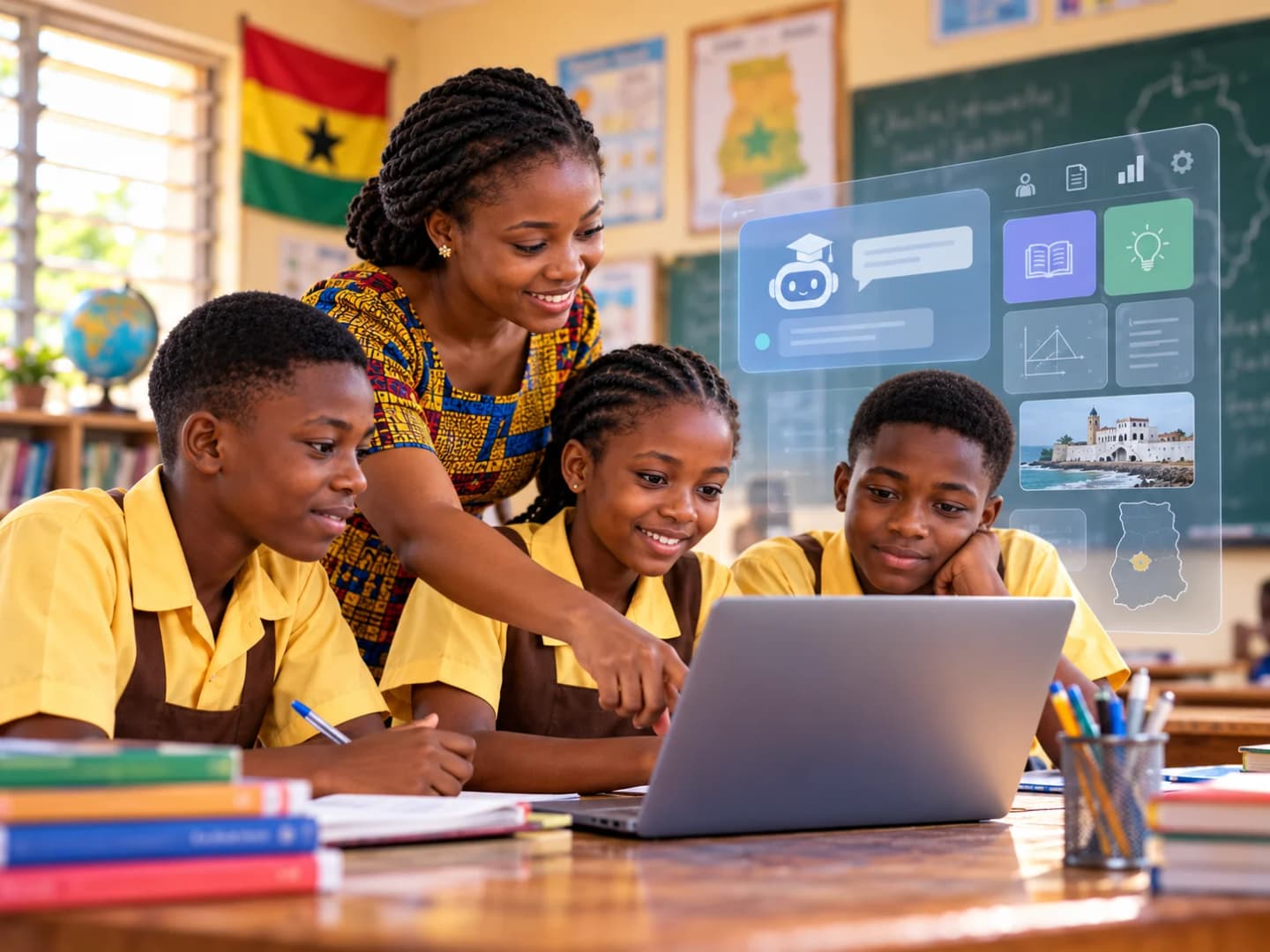 Illustration of a teacher in a patterned dress pointing at a laptop as three pupils in yellow and brown uniforms look on, beside a floating translucent panel of AI learning icons, a map of Ghana and a picture of a coastal castle.