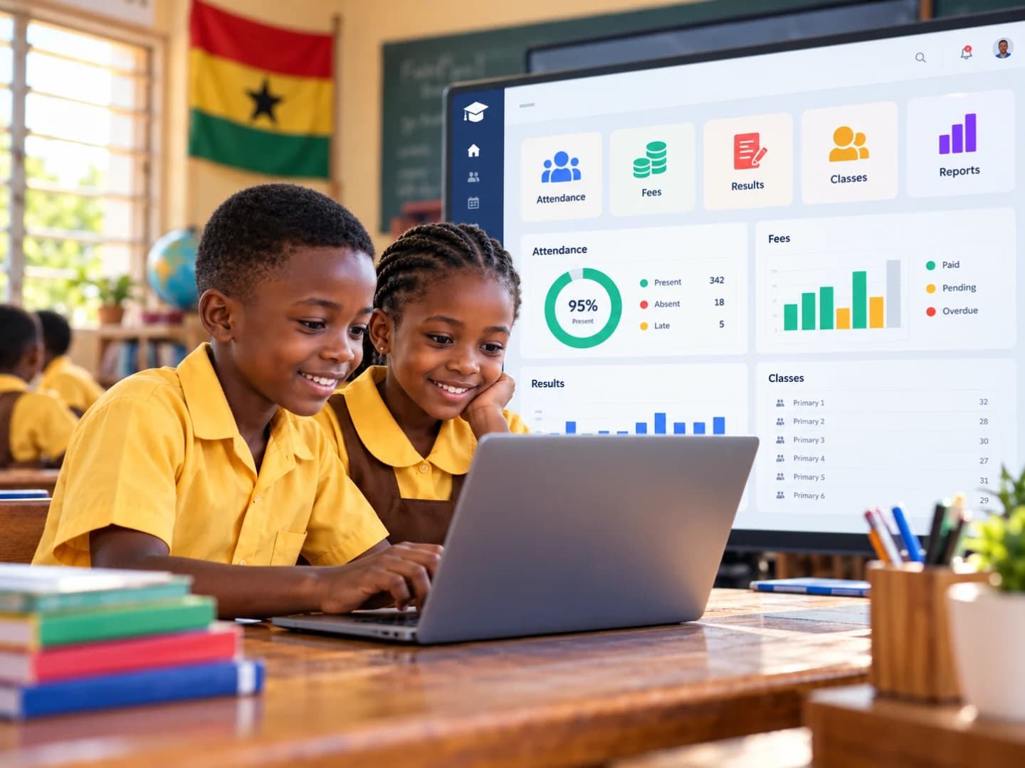 Illustration of two smiling pupils in yellow and brown school uniforms sharing a laptop at a classroom desk, with a large screen behind them showing a school management dashboard for attendance, fees, results and classes, and a Ghana flag on the wall.