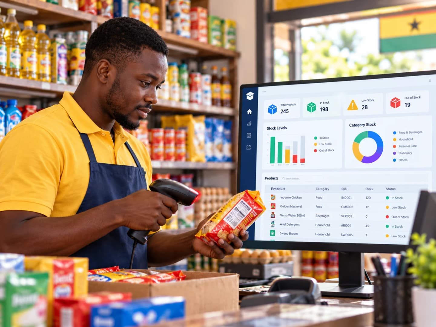 Illustration of a shopkeeper in a yellow shirt and apron scanning a packet with a barcode scanner beside a monitor showing an inventory dashboard with stock levels and low-stock alerts, in front of shelves of groceries.