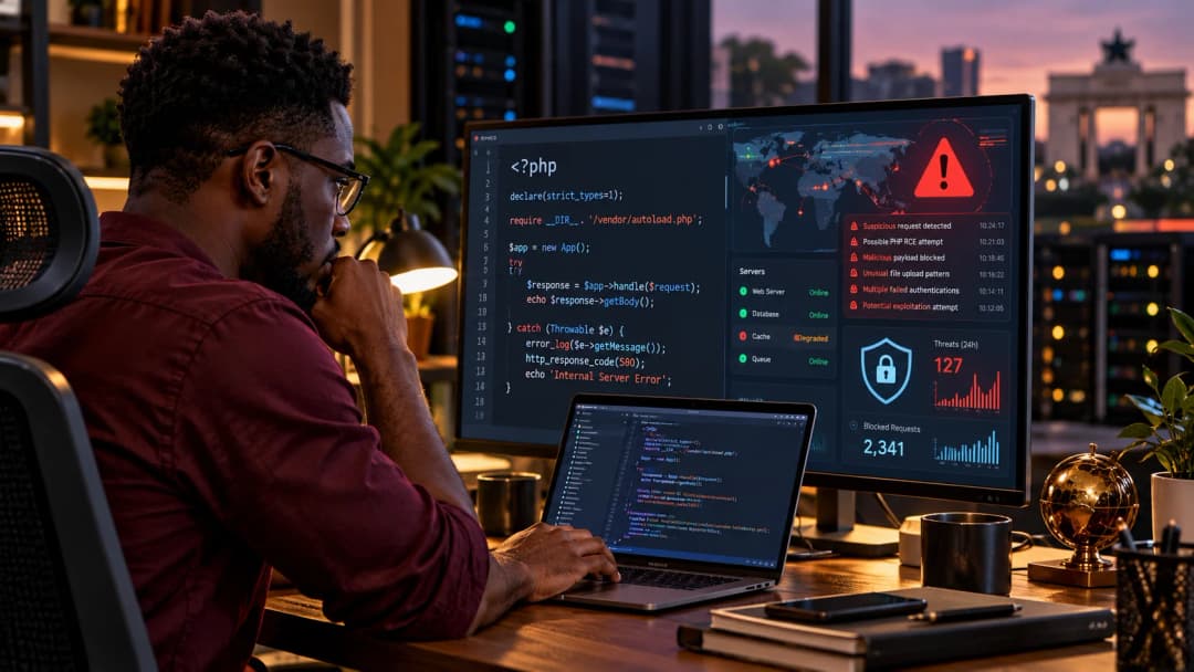 Illustration of a developer in glasses and a maroon shirt studying PHP error-handling code on a large monitor beside a security dashboard with a world threat map, a red warning sign, alerts such as "Possible PHP RCE attempt" and blocked-request counts, and a city at dusk outside the window.