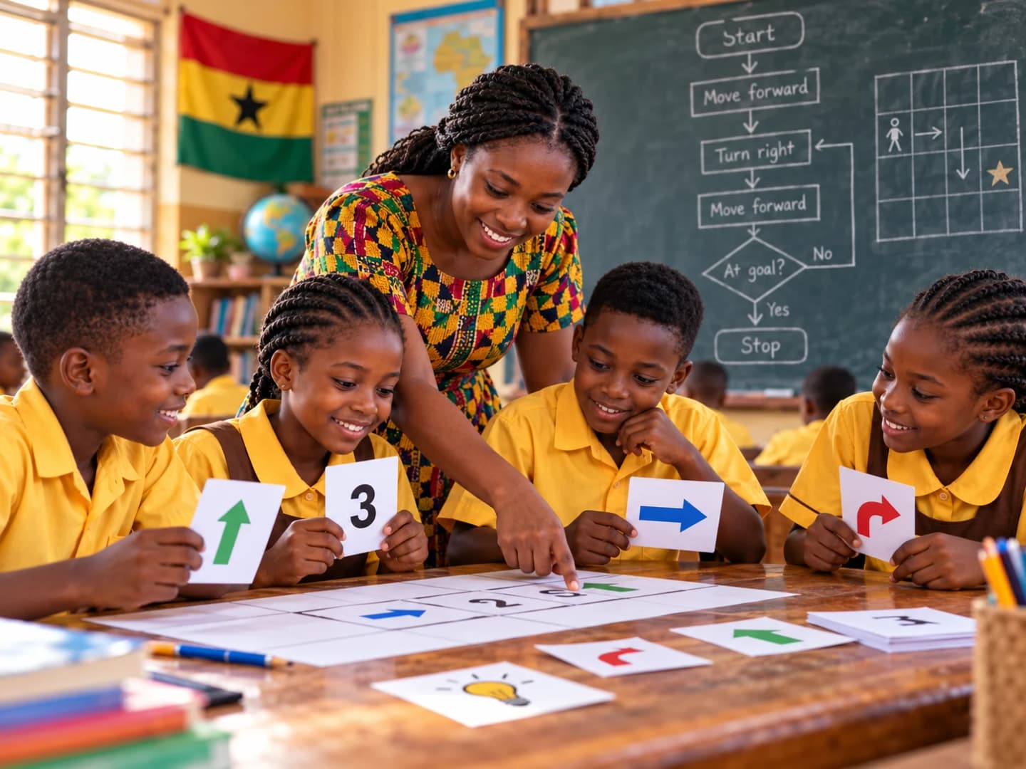 Illustration of a teacher in a kente-patterned dress guiding four pupils in yellow uniforms who hold arrow and number cards over a paper grid on their desk, with a chalkboard flowchart and a grid-path diagram behind them and a Ghana flag on the wall.